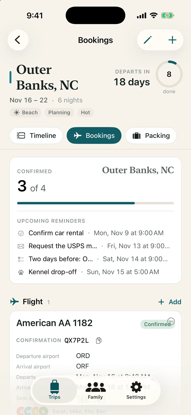 Bookings for the trip: an American Airlines flight, the Sea Oats Beach House, a Hertz minivan and Happy Tails Kennel, each with its status.
