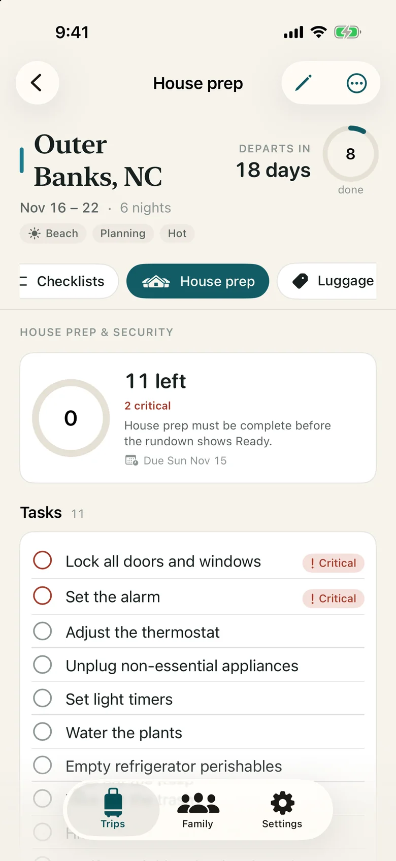 House prep checklist: lock doors and windows, set the alarm, adjust the thermostat, unplug appliances, water plants and more.