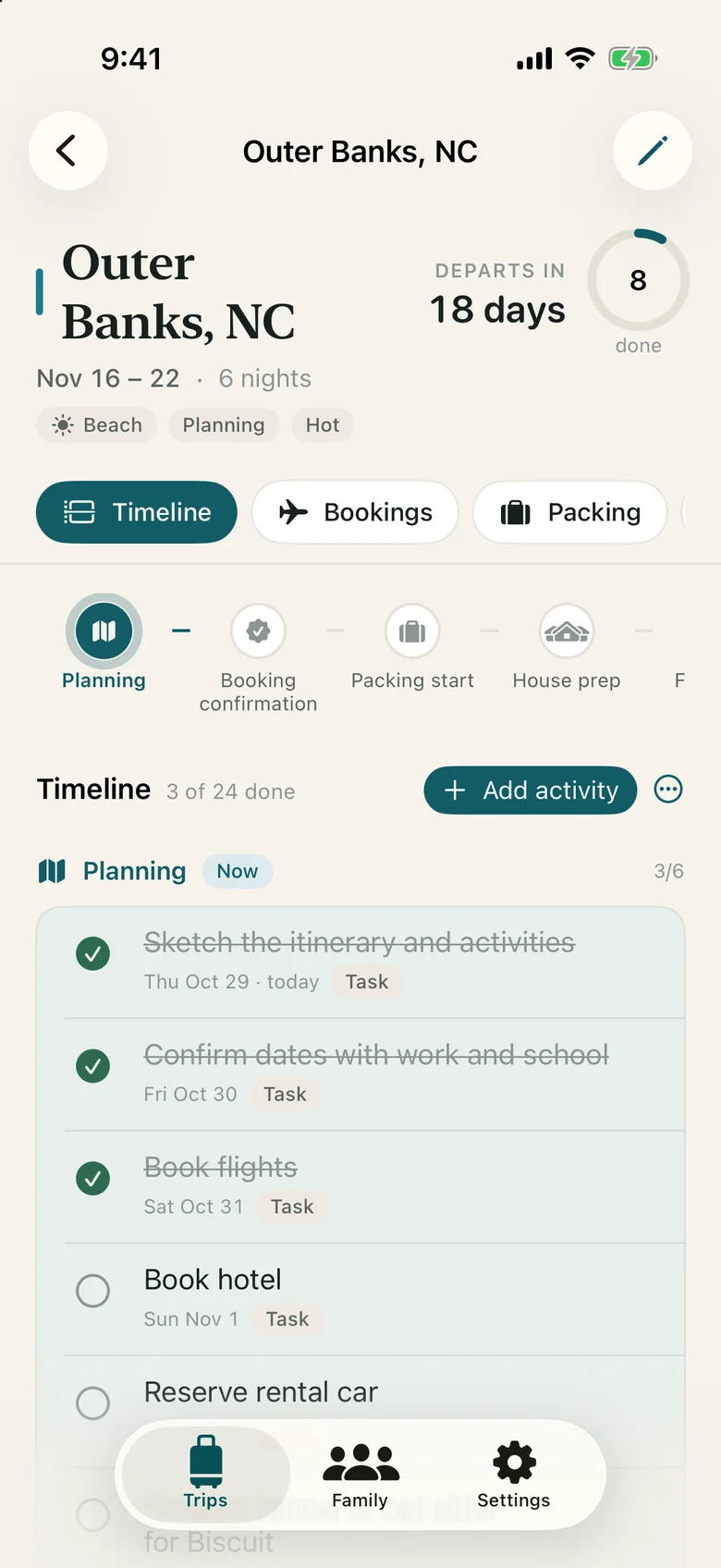 The trip timeline on iPhone, with recommended tasks grouped under Planning, Booking confirmation and later phases, each with its date.