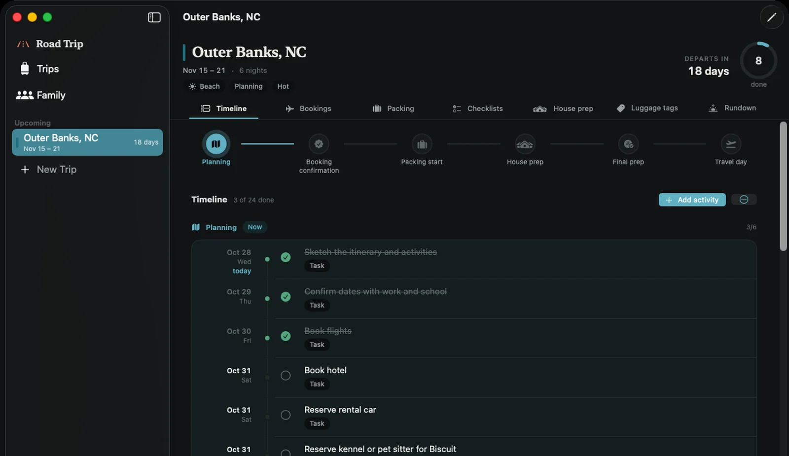 Road Trip on the Mac in dark mode: the Outer Banks timeline with six phase markers and dated tasks, three of them done.